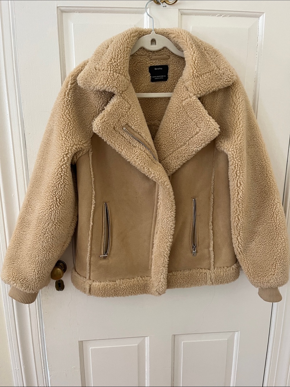 Bershka Beige Faux Shearling Moto Puffer Jacket.